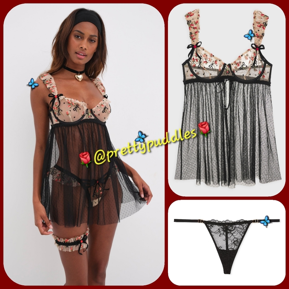 🌹 3pc Set For Love & Lemons 2pc Vera / Kendra Babydoll & VS Lace V-String 🌹